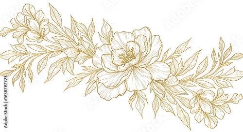Fototapeta Naklejka Na Ścianę i Meble -  Elegant Gold Line Art Floral Arrangement with Peonies and Leaves