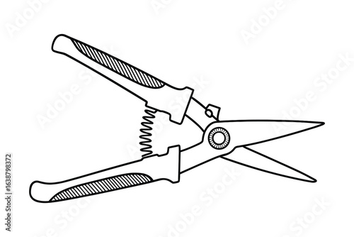 Garden Shears Outline Tool, Spring, Sharp Blades, Black and White Vector Illustration