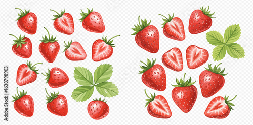Artistic collection of ripe red strawberries, some whole and some sliced in half, with green leaves.