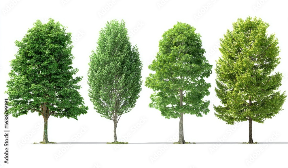 Obraz premium Four vibrant green trees against a plain white background. Each tree has a distinct shape and density of foliage. The trees stand in a horizontal row
