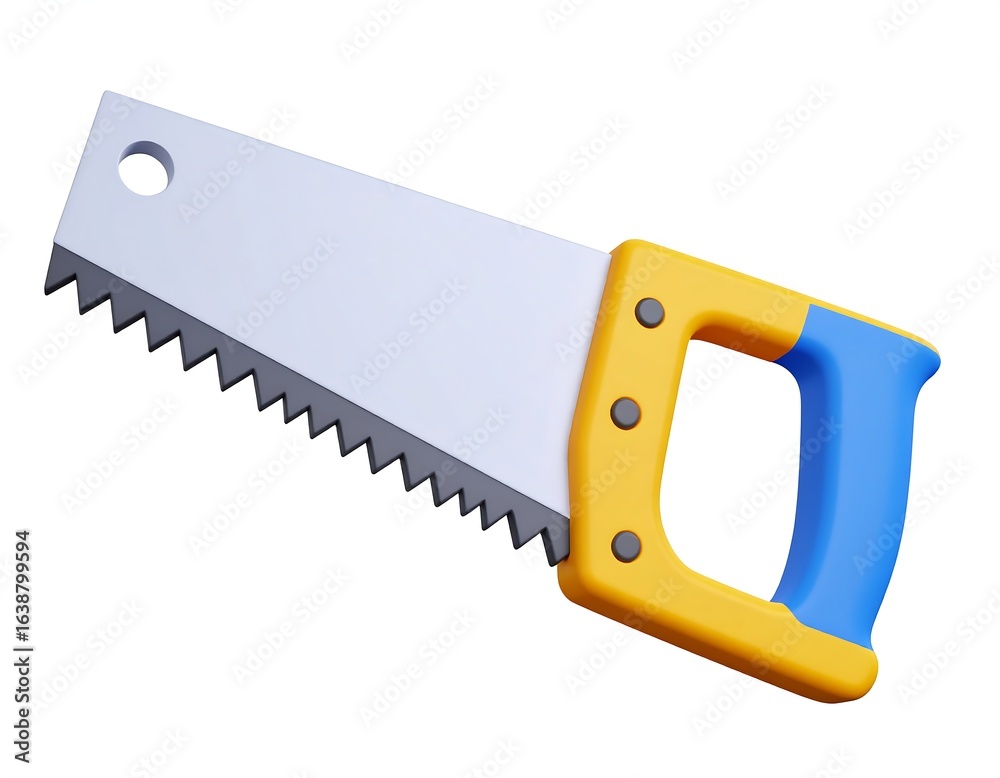 A stylized 3D rendering of a hand saw with a yellow and blue handle A stylized 3D rendering of a hand saw with a yellow and blue handle