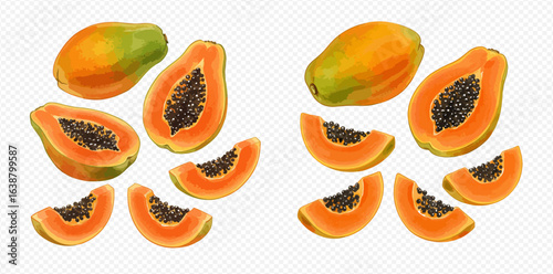 Two sets of fresh ripe papaya, shown whole, halved, and sliced with orange flesh and black seeds.