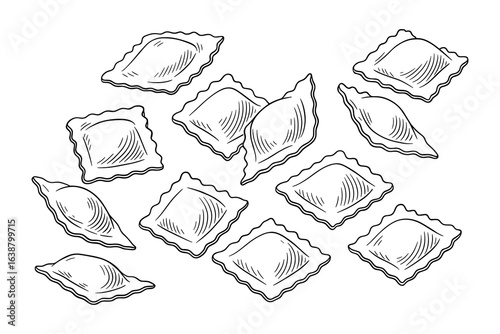 Hand Drawn Ravioli Pasta, Square and Triangle Shapes, Culinary Cuisine, Black Outline, Vector Illustration