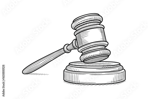 Hand Drawn Wooden Gavel, Auction Hammer Sketch Style on White, Vector Illustration