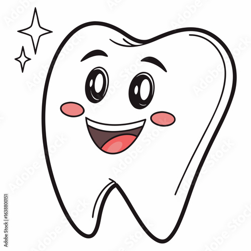 Cartoon white tooth character is smiling and sparkling with happiness on a white background