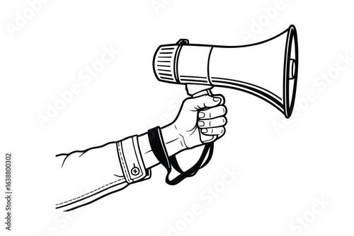 Hand Holding Megaphone Illustration, Communication Concept, Black and White Line Art, Vector Illustration.