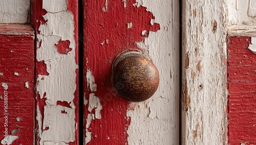 Close-up of a weathered door knob on a painted wooden cabinet.  Flaking paint in red and white