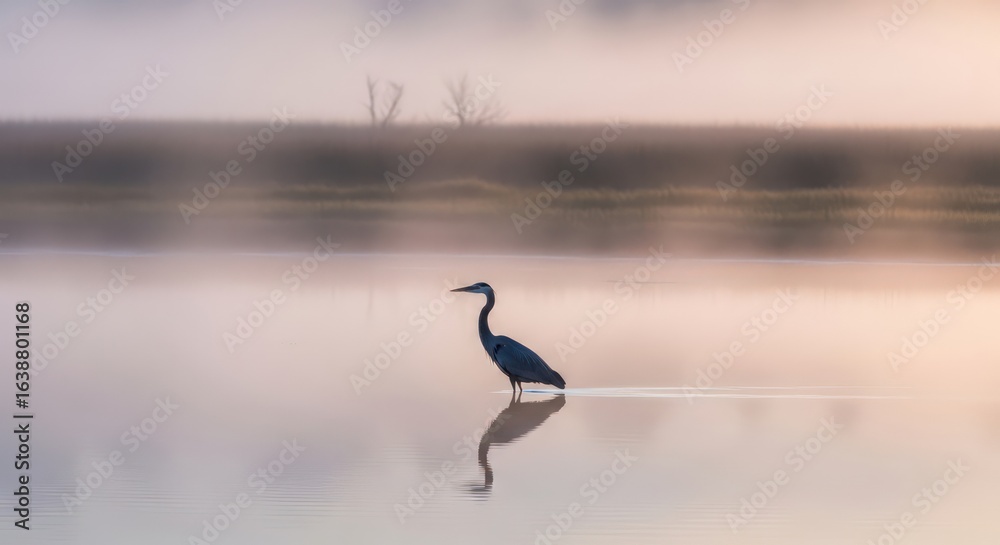 Fototapeta premium Great Blue Heron in Misty Lake at Sunrise