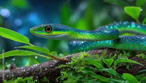 Vibrant snake in lush rainforest