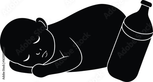 baby sleeping with milk bottle nearby vector on wh.eps