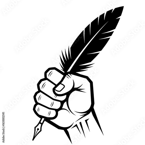 Black vector illustration of a clenched fist holding a quill.