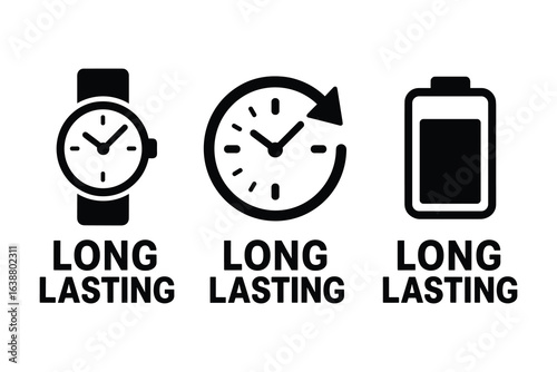Long Lasting Icon Set with Clock, Watch, Battery, Black and White, Vector Illustration