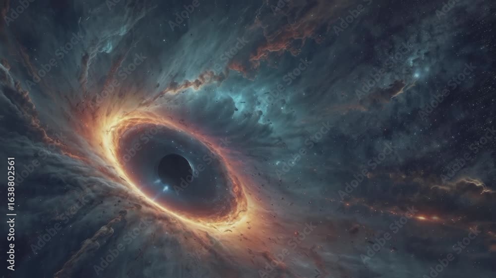A dramatic, high-quality simulation of a supermassive black hole in space. A black hole, appearing as a dark disk at the center, is surrounded by a very bright and colorful accretion disk.