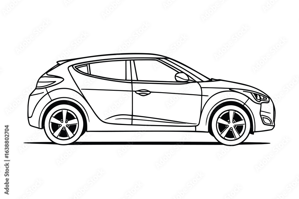 Fototapeta premium Modern Hatchback Car Line Art Illustration, Side View Automotive Vehicle Transport, Vector Illustration