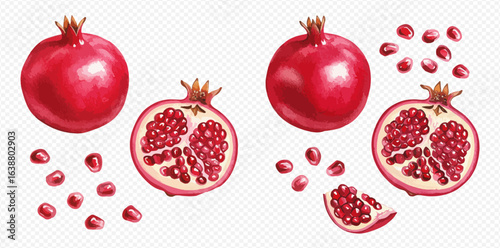 Watercolor illustration set of ripe red pomegranates, shown whole, halved, and as loose seeds.