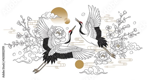 Elegant Japanese Cranes Soaring Among Blossoms and Golden Clouds in a Stylized Design