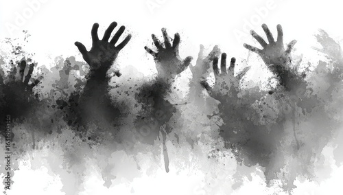 Graveyard hands reaching, ink splatters, horror, Halloween