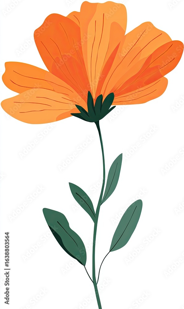 Obraz premium Single, vibrant orange flower with green leaves
