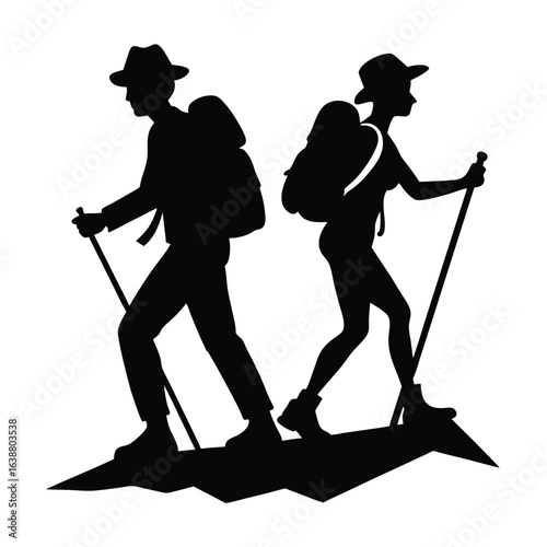 Hikers with poles on mountain peaks hiking trekking