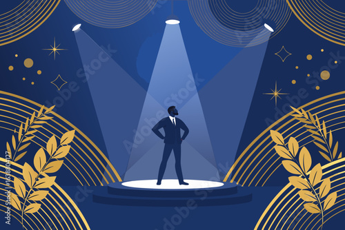 Wonderful Leader Standing Spotlight Stage Expert Photography Craft Cool Refreshing Aesthetic Suitable for Corporate Communications Authentic Storytelling Visual Narrative Creative Asset
