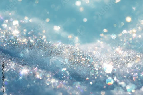 Abstract image of sparkling, light blue, textured surface with glittering particles