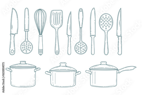 Outline Kitchen Utensils and Pots, Cookware Set, Vector Illustration