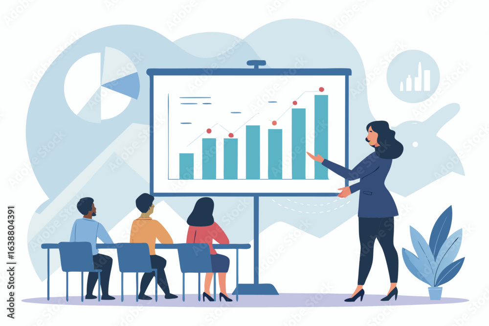 Fototapeta premium Awe-inspiring Businesswoman Presenting Bar Chart Giant Screen Refined Artistry Collection Cozy Intimate Setting Ideal for Editorial Content Creation Contemporary Lifestyle Photography Excellence Creat