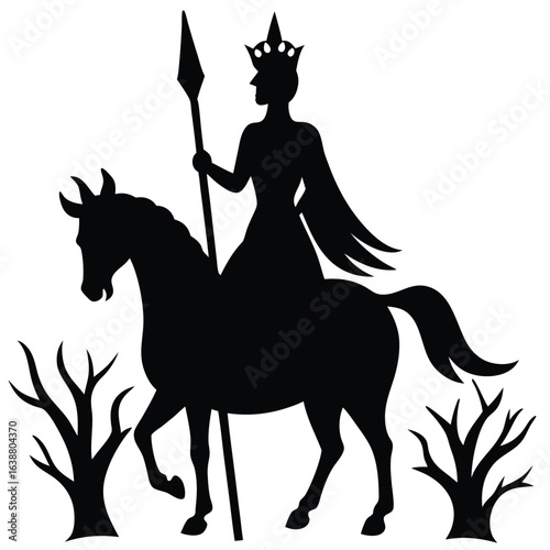 Regal rider on horseback with spear and crown silhouette