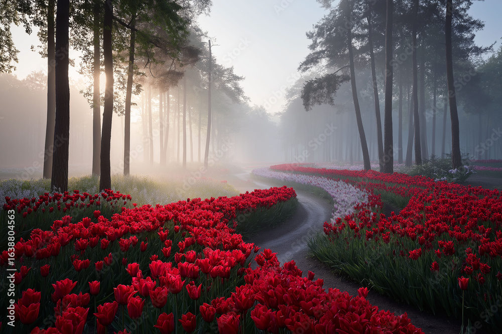 Naklejka premium Pathway of Blossoms: A captivating pathway, adorned with a vibrant tapestry of red tulips, winds its way through a misty forest. The ethereal sunlight filters through the trees.