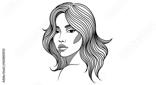 Elegant Woman Portrait with Flowing Hair in Black and White Line Art