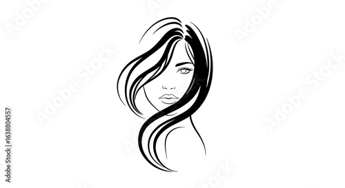 Elegant Woman's Face with Flowing Hair, Minimalist Black and White Line Art
