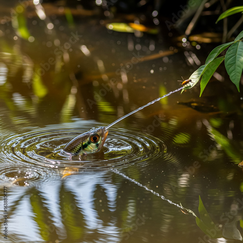 A stunning close-up of an Archerfish (Toxotes) in a pond, showcasing its unique hunting technique. 