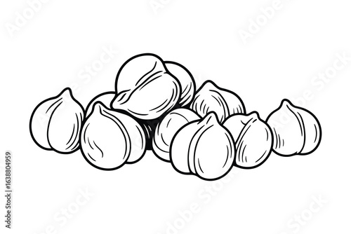 Pile of Chickpeas in Black and White Outline, Legume, Food Ingredient, Vector Illustration