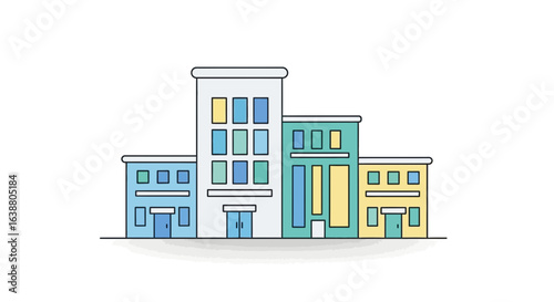 Colorful cityscape illustration with varied building styles and design elements