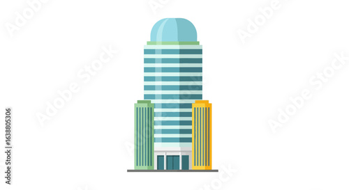 Flat illustration of a modern office building with a spherical dome