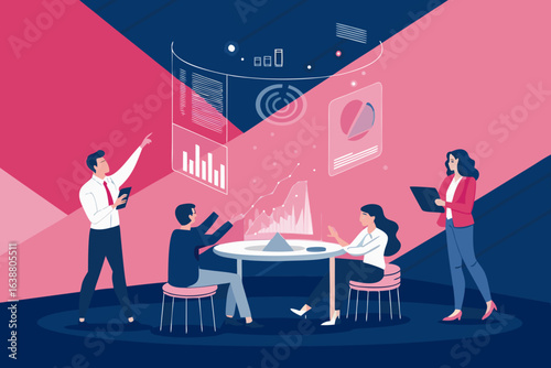 Extraordinary Entrepreneurs Exchanging Ideas Over Floating Holog High-End Commercial Asset Calm Tranquil Harmony Suitable for Corporate Communications Corporate Communication Asset Premium Creative As