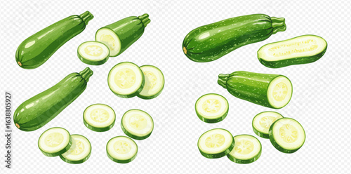 An illustrated collection of fresh green zucchini, shown whole, cut in half, and sliced into rounds.