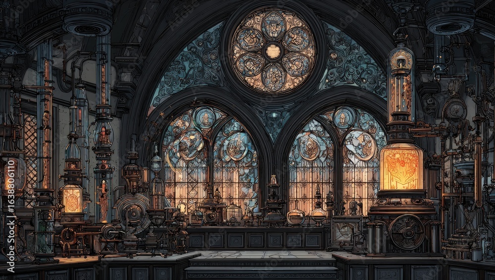 Fototapeta premium Dark gothic steampunk laboratory with stained glass