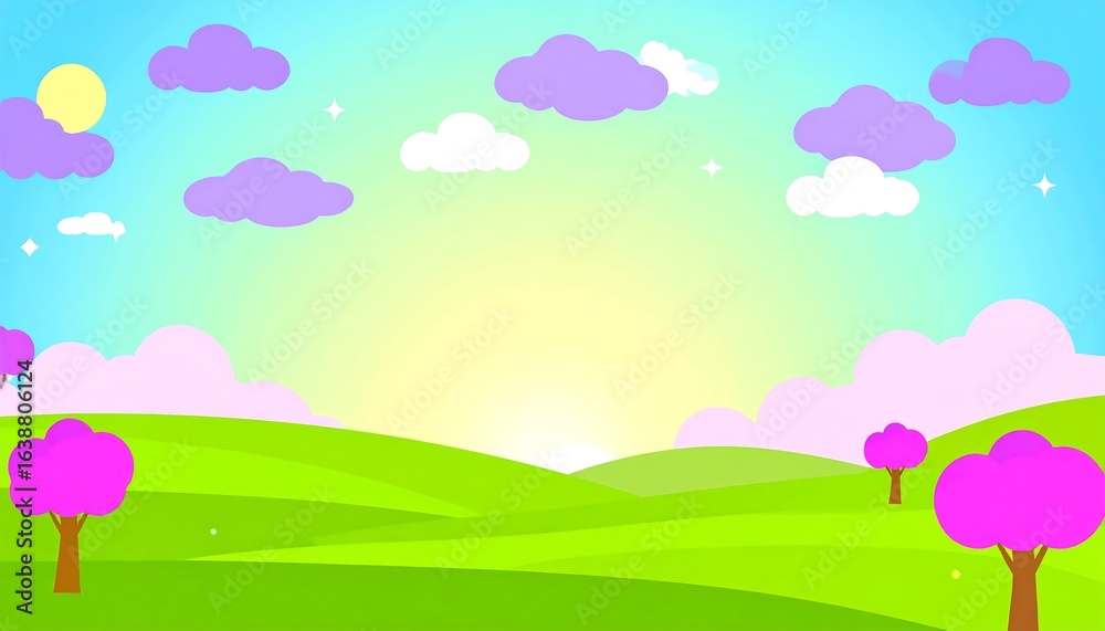 Fototapeta premium Colorful landscape with hills, clouds, and trees.