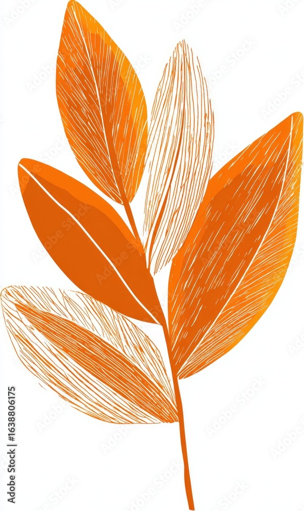 Obraz premium Abstract autumnal leaf graphic. Layered orange and cream leaves on a stem. Hand-drawn or painted style