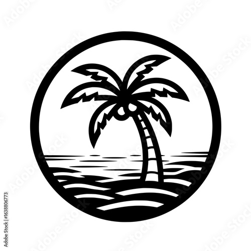 A vector illustration of a palm tree on a beach, enclosed in a circle. This icon symbolizes vacation, summer, travel destinations, and a relaxed atmosphere. 