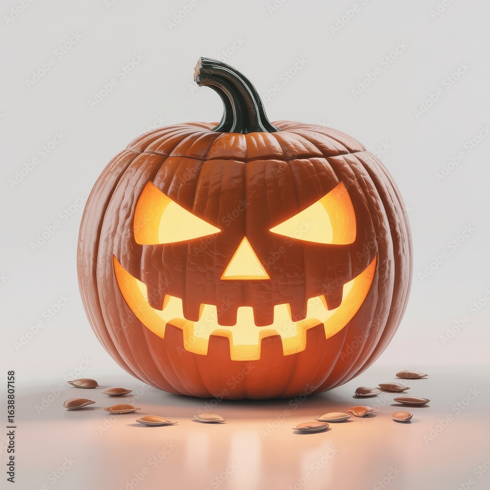 Fototapeta premium Glowing carved pumpkin with scattered seeds halloween