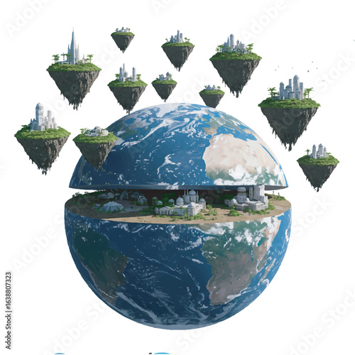 Visionary concept of a futuristic civilization with advanced cities inside a split Earth and on floating islands.