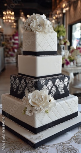 Elegant four-tiered square wedding cake, black and white, quilted design, with floral accents