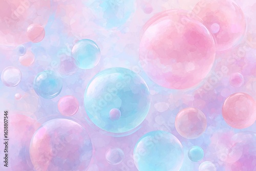 Pastel-colored bubbles float in a soft, dreamy background