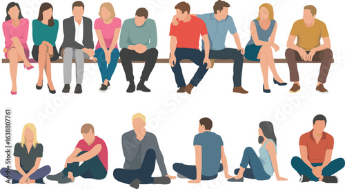 Flat vector illustration of diverse men and women sitting on bench and floor, casual group people design for community concept