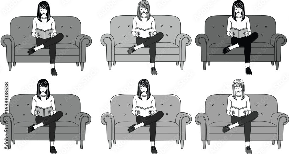 Obraz premium Cartoon girl reading book on sofa in multiple styles, relaxing and studying, black and white illustration for design and education projects