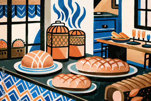 Extraordinary Morning Bakery Scene with Steaming Bread Bold Ora Unique Perspective Capture Warm Inviting Ambiance Ideal for Advertising Campaign Materials Professional Grade Creative Asset Collection 