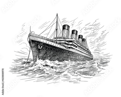 Titanic Ocean Liner Illustration, Ink Drawing Style, Maritime Vessel, Detailed Hatching, Vector Illustration