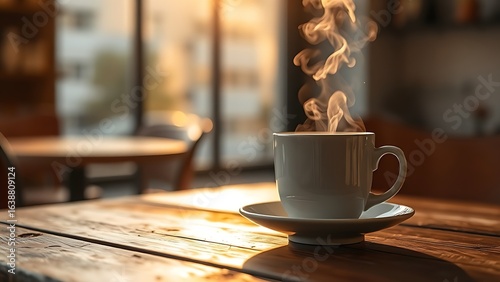 Steaming coffee cup on a rustic table, capturing the essence of a morning ritual.